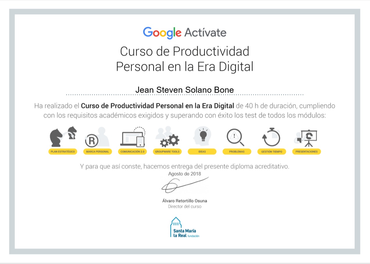 Jean's Certificate provided by Google